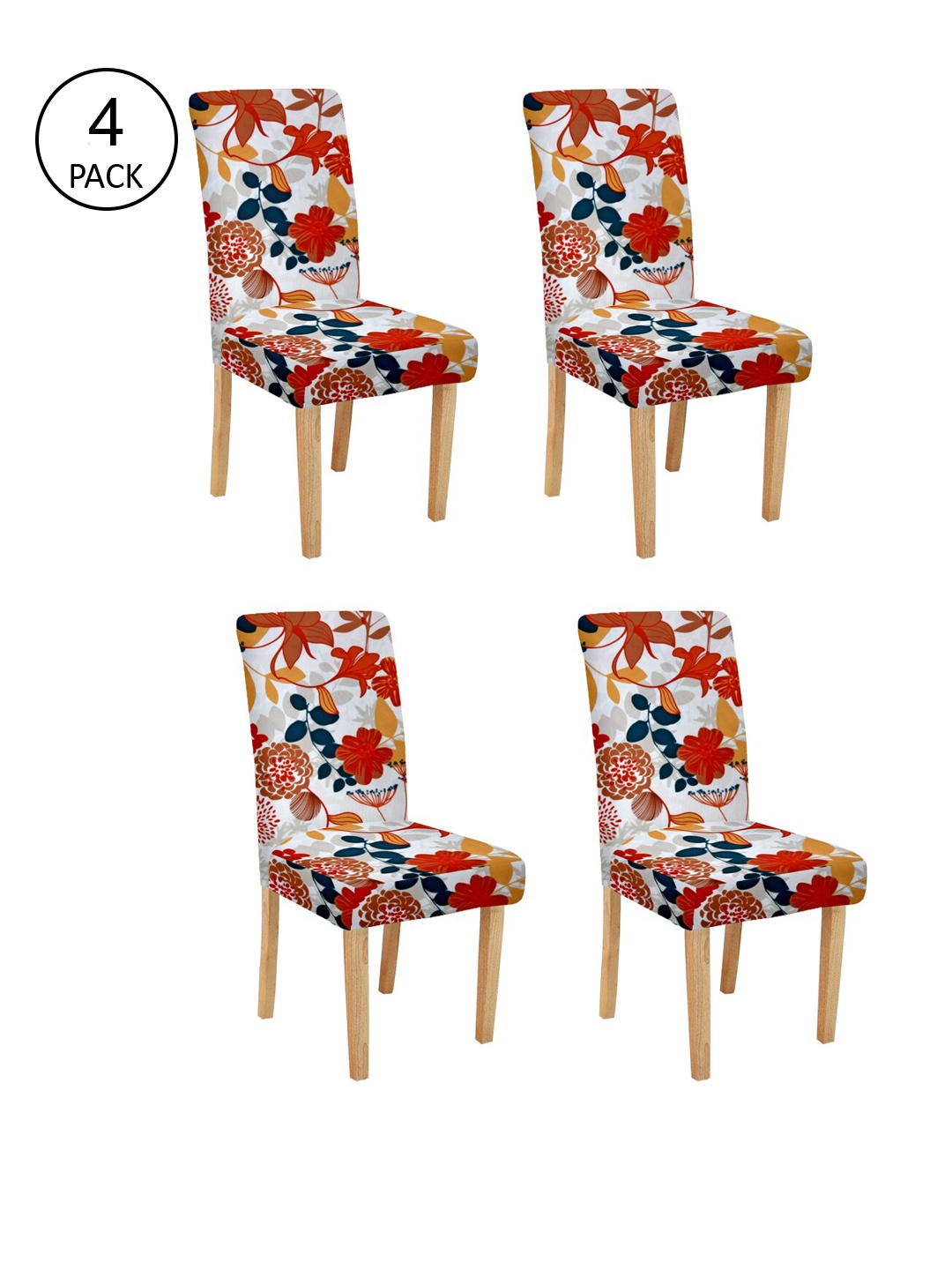 Cortina Set of 4 White & Orange Floral Printed Chair Covers