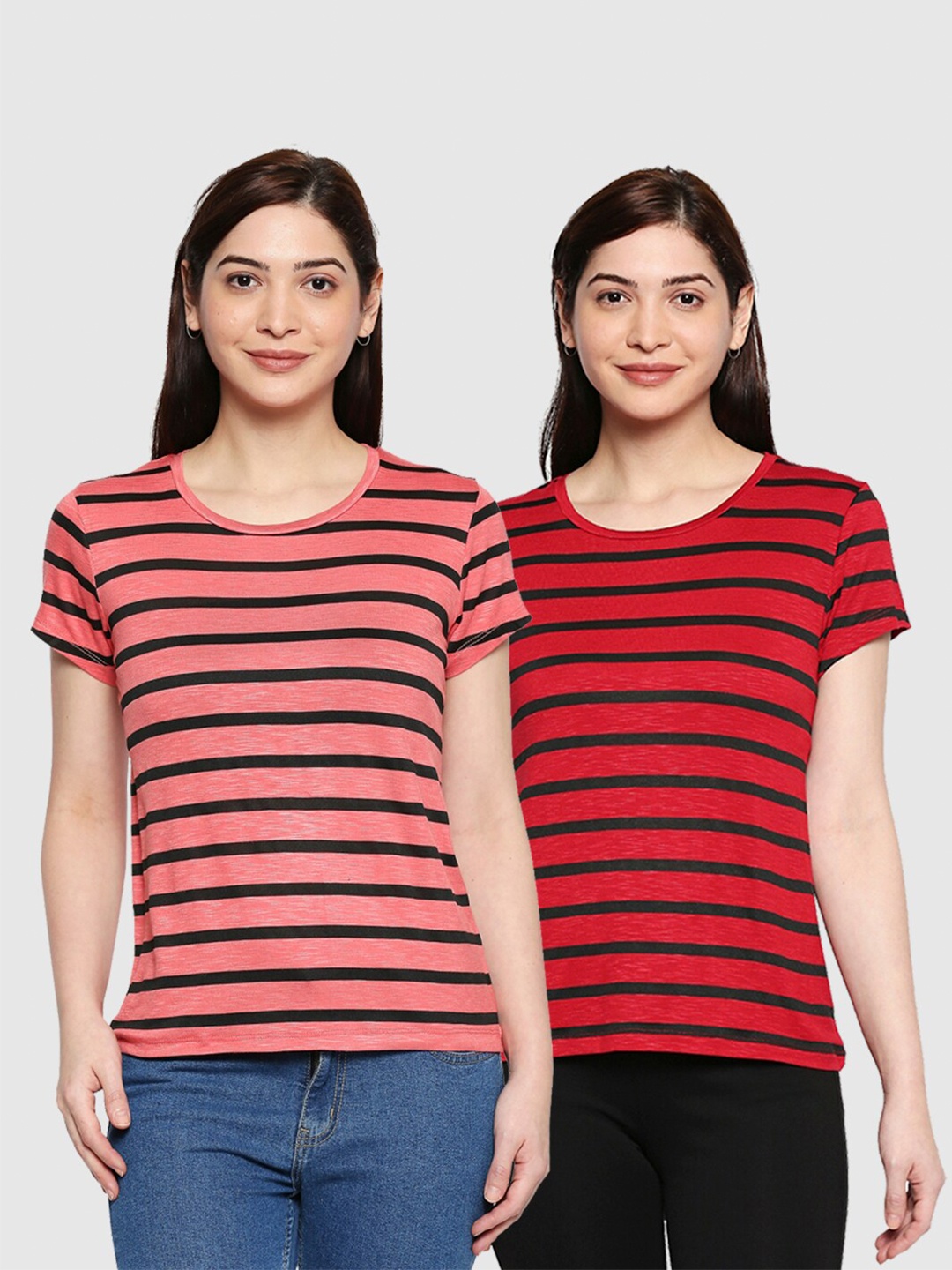 

inocenCia Women Pack of 2 Red & Coral Striped Round Neck T-shirt