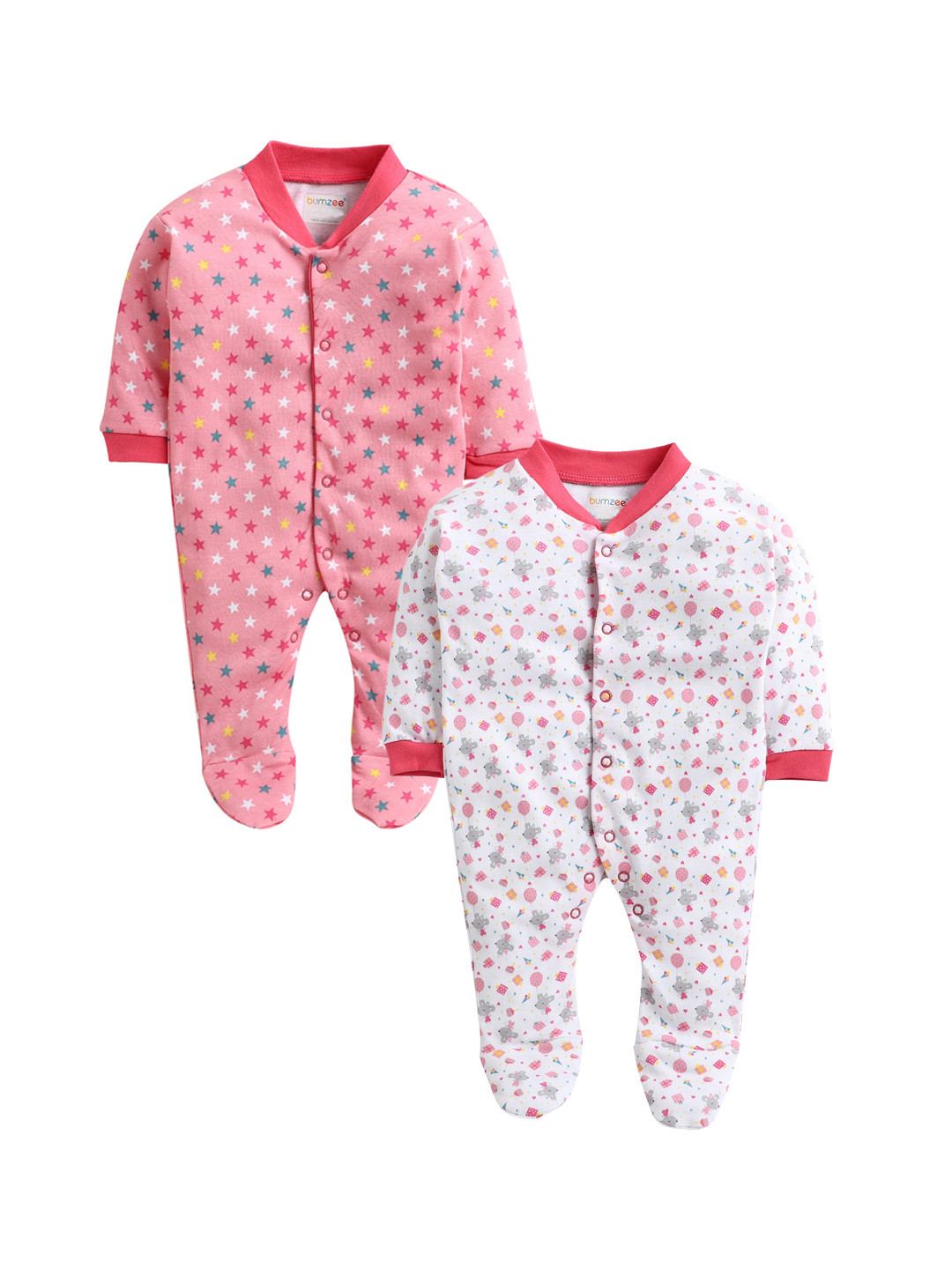 

BUMZEE Infant Girls Pack Of 2 Printed Cotton Sleepsuits, Pink