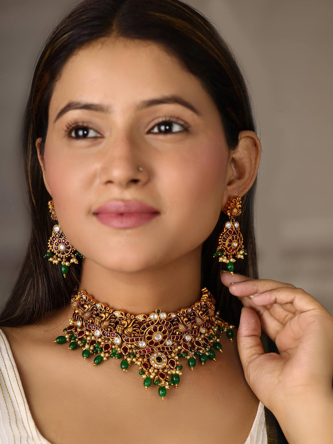 

Priyaasi Pink & Green Gold-Plated Stone-Studded & Beaded Handcrafted Jewellery Set