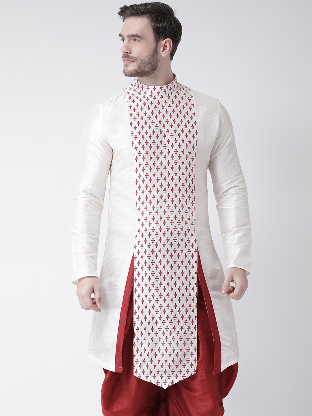 

DEYANN Men Off White & Maroon Geometric Printed Kurta