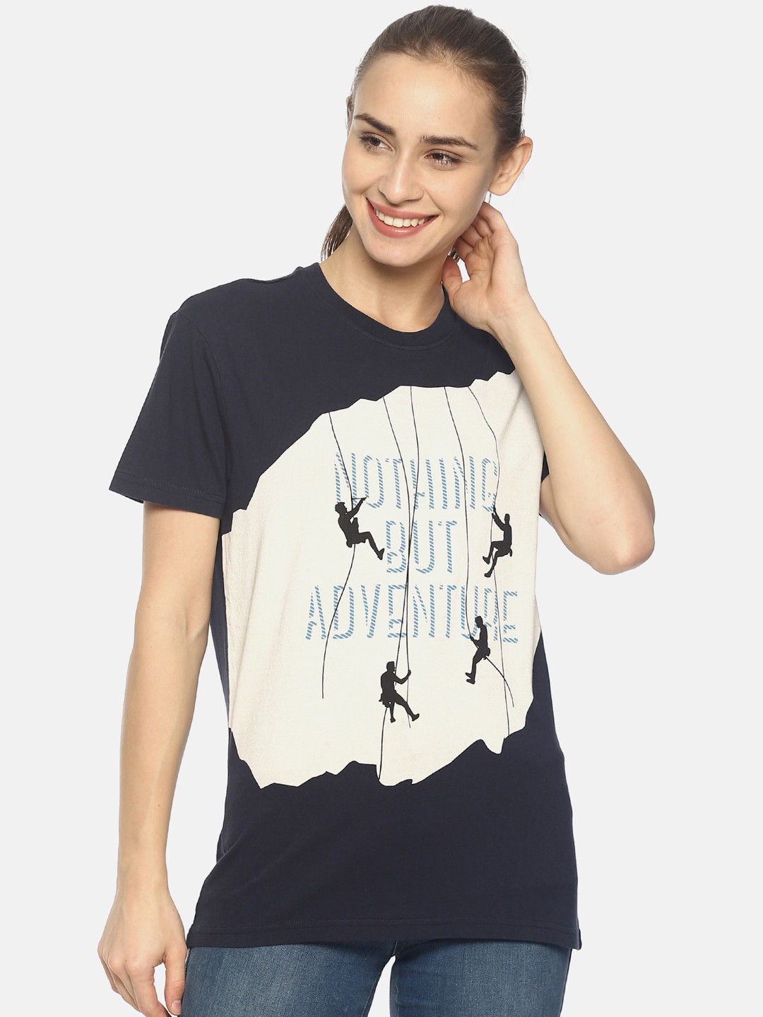 

Wolfpack Women Navy Blue Printed Pure Cotton Round Neck T-Shirt
