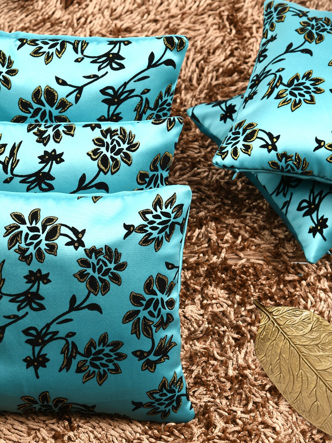 HOUZZCODE Turquoise Blue & Black Set of 5 Floral Square Cushion Covers