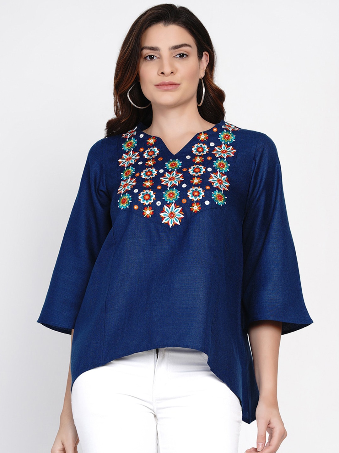 

Bhama Couture Navy Blue & White Floral Embroidered A-Line Top