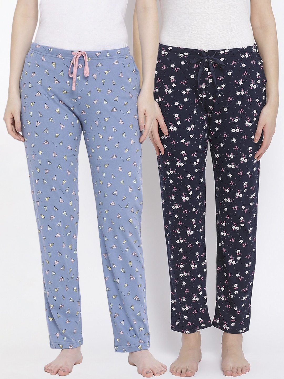 

Kanvin Women Pack of 2 Printed Pure Cotton Lounge Pants, Blue