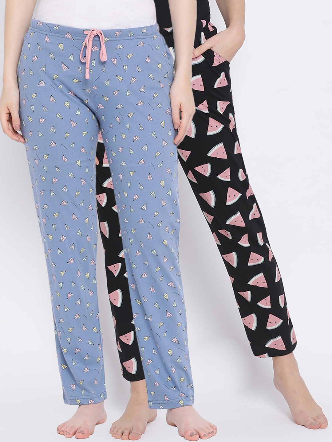 

Kanvin Women Pack of 2 Printed Pure Cotton Lounge Pants, Black