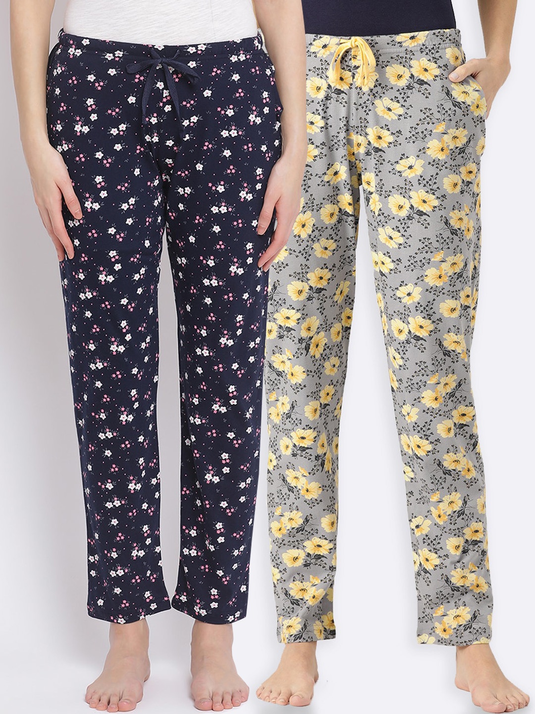 

Kanvin Women Pack Of 2 Printed Pure Cotton Lounge Pants, Navy blue
