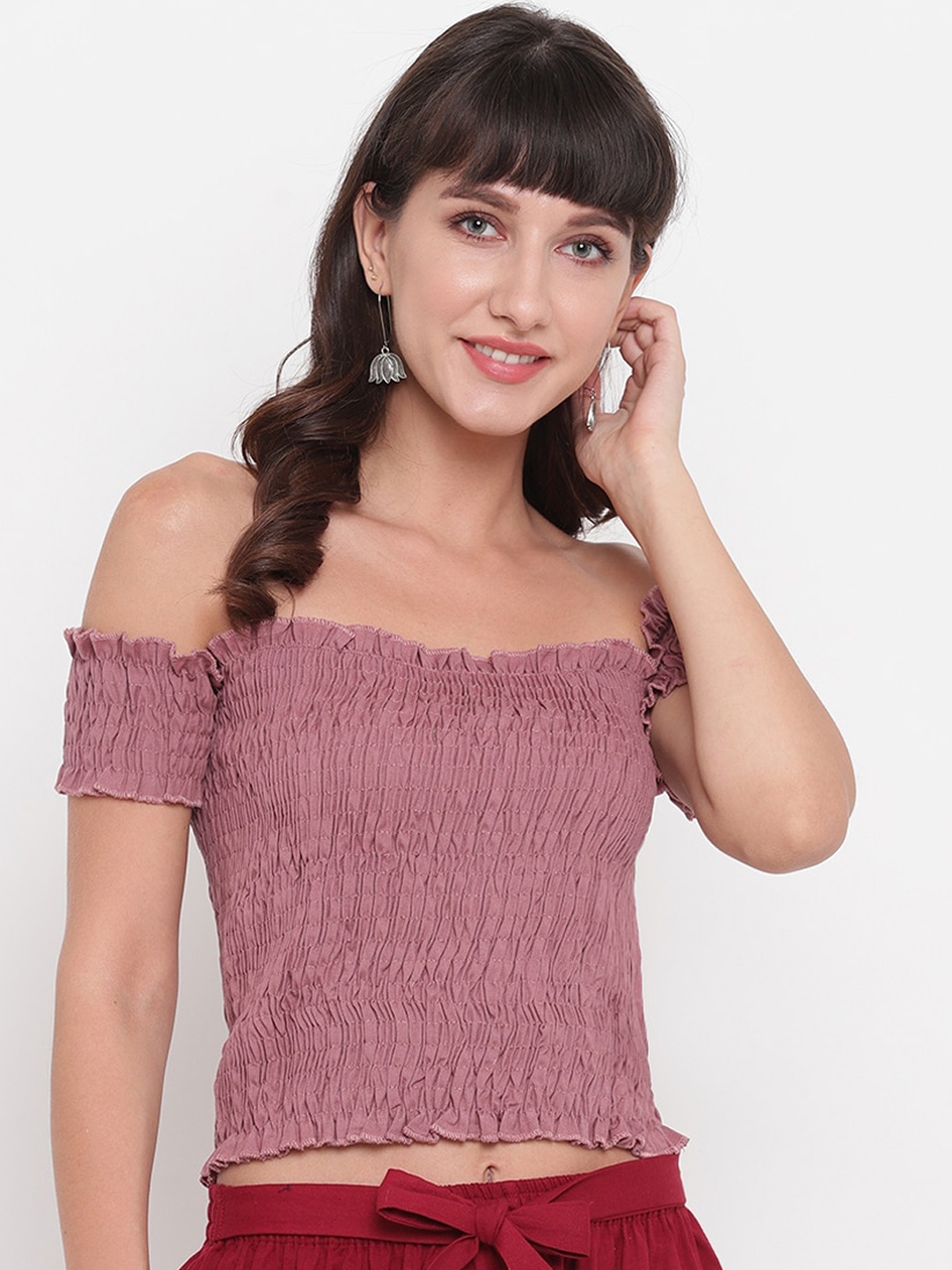 

Aawari Purple Off-Shoulder Smocked Bardot Crop Top