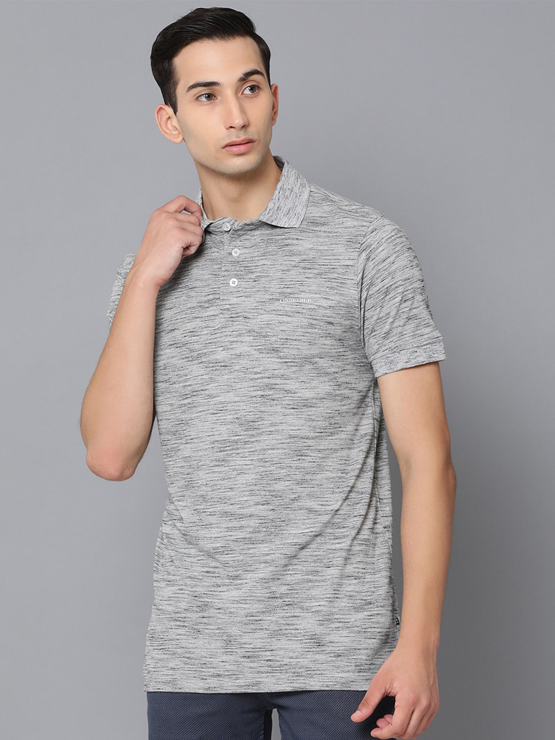 

LINDBERGH Men Grey Melange Solid Polo Collar Pure Cotton T-shirt