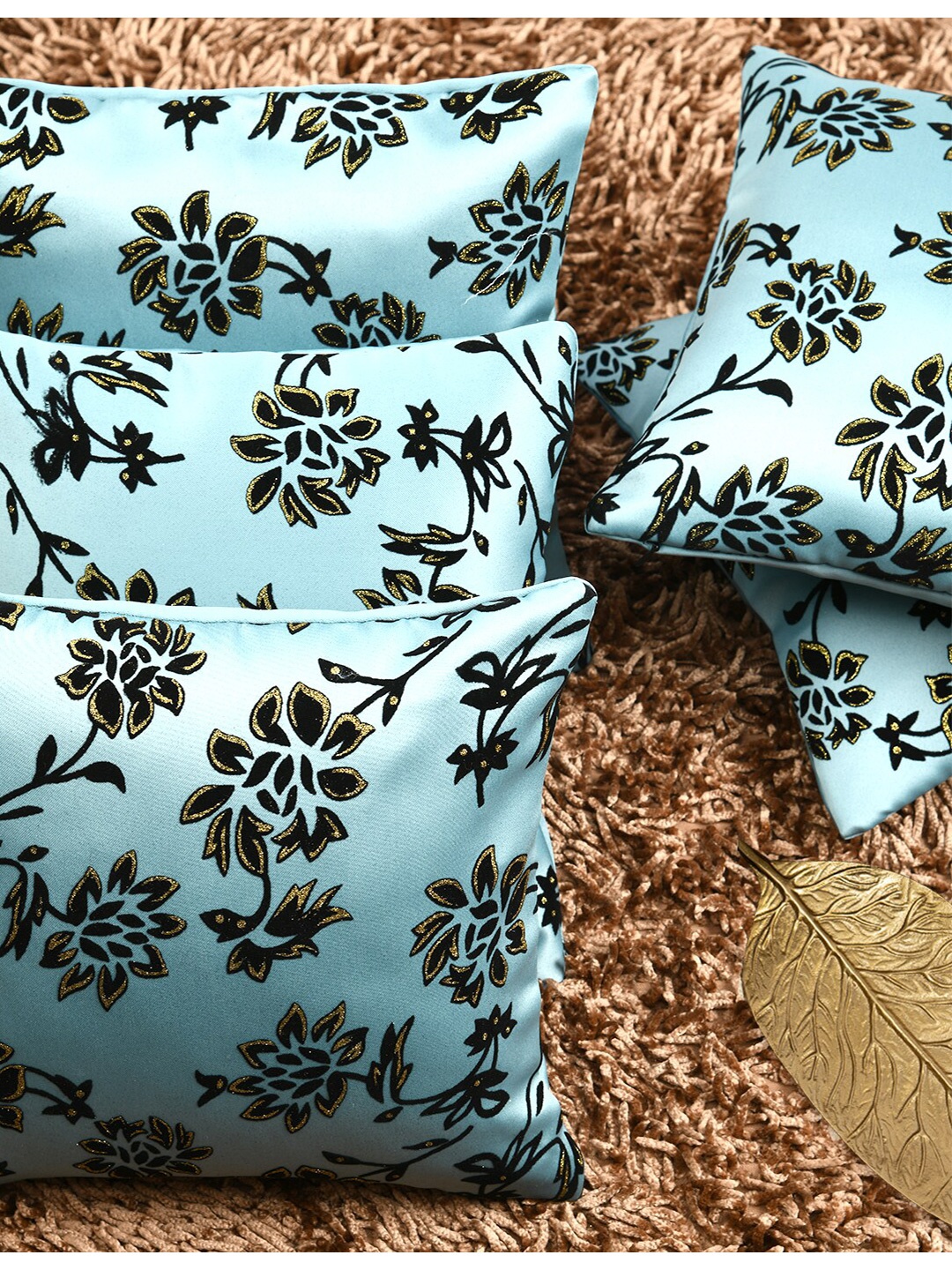 

HOUZZCODE Blue & Black Set of 5 Floral Square Cushion Covers