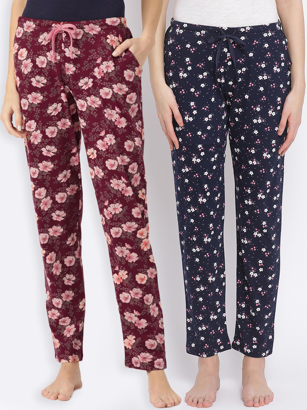 

Kanvin Women Pack of 2 Floral Print Pure Cotton Lounge Pants, Navy blue