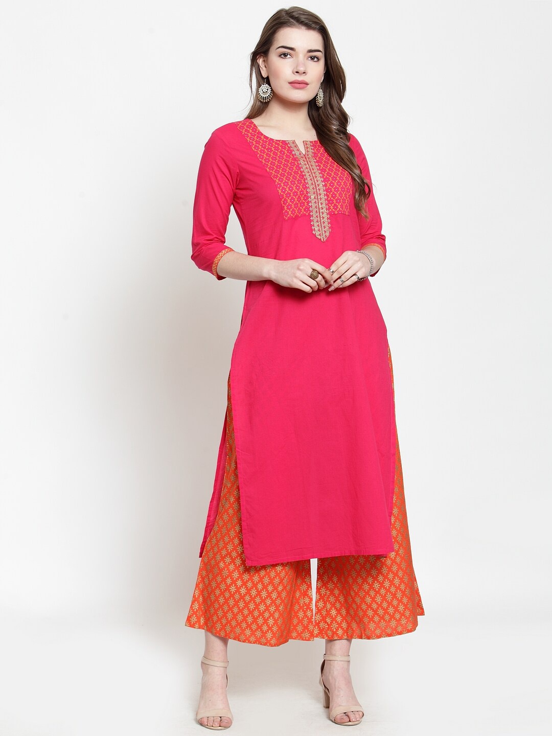 

Varanga Women Fuchsia & Orange Yoke Design Straight Pure Cotton Kurta with Palazzos