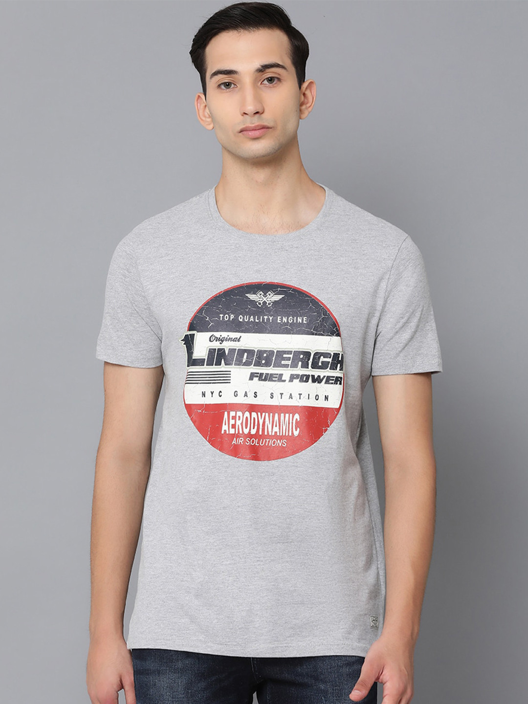 

LINDBERGH Men Grey Melange Printed Round Neck Pure Cotton T-shirt