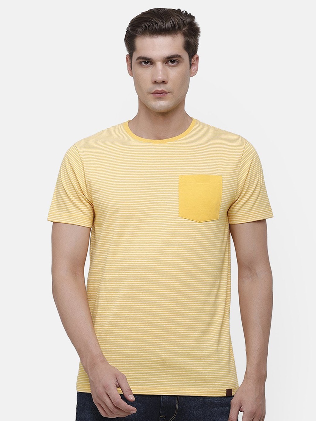

Voi Jeans Men Yellow White Striped Round Neck Pure Cotton T-shirt