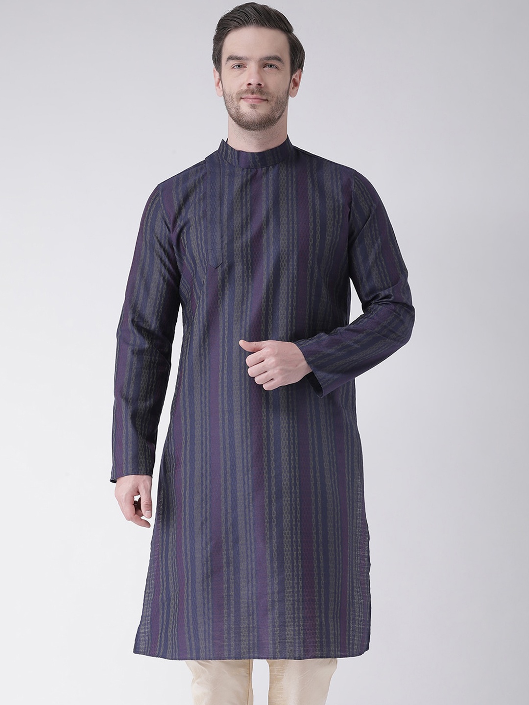 DEYANN Men Navy Blue Striped Kurta