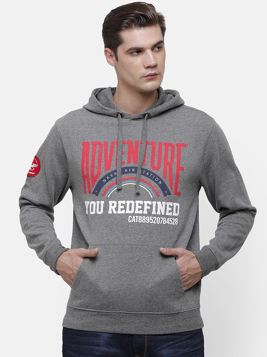 

Voi Jeans Men Grey Printed Hooded Sweatshirt