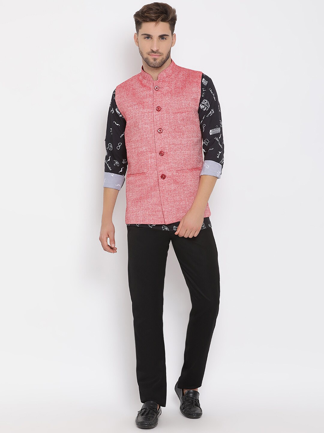 

Hangup Men Black & Red Printed Shirt with Trousers & Nehru Jacket Jacket