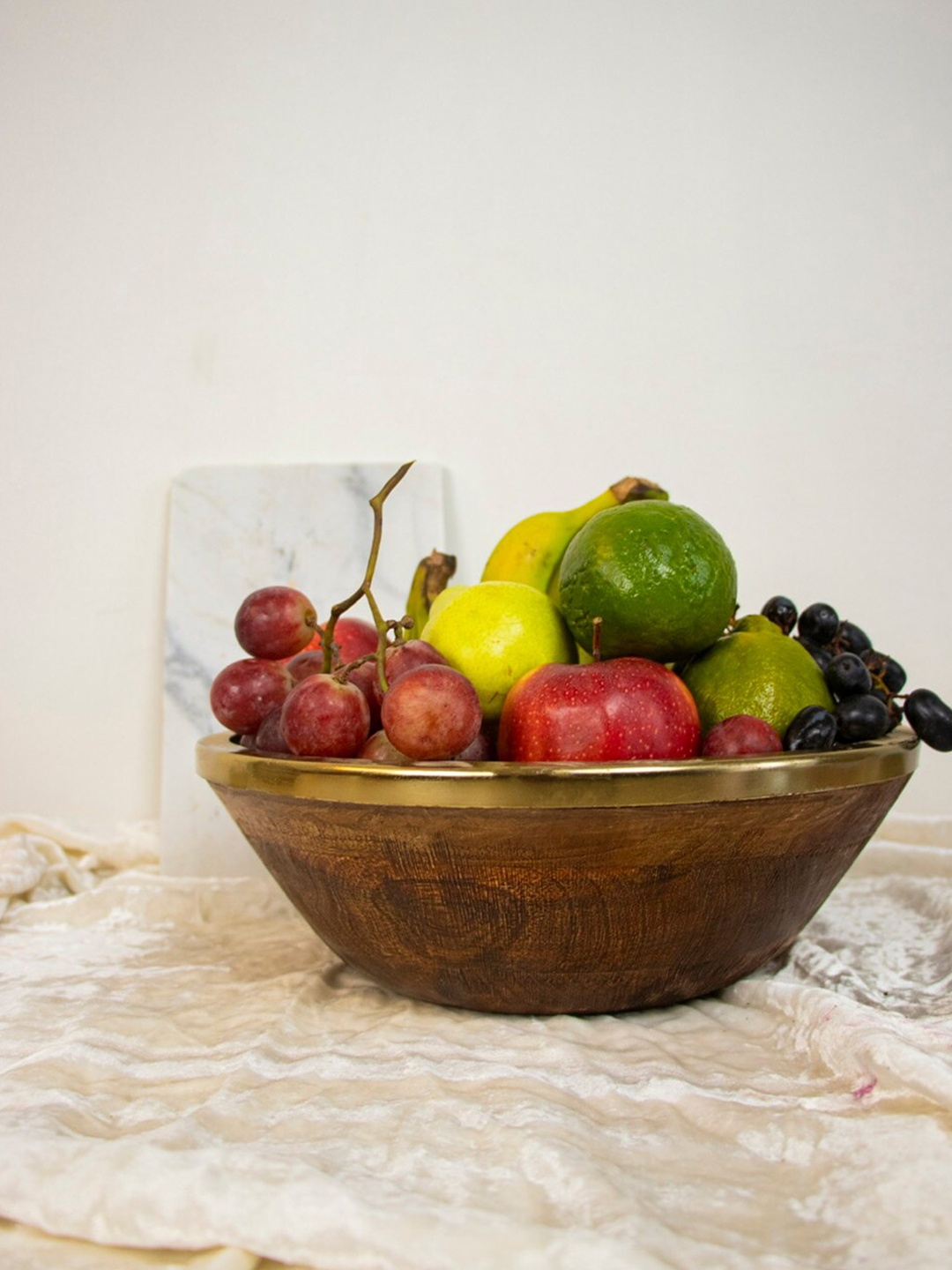 THOA Brown Solid Wood & Brass Fruit Bowl