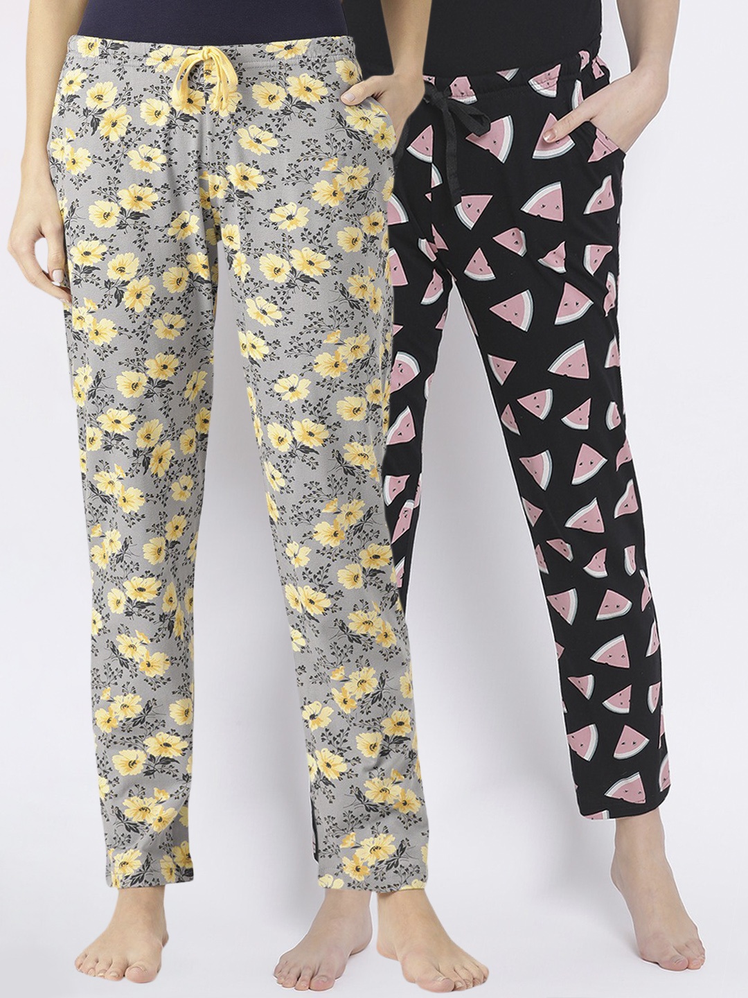Kanvin Women Pack of 2 Printed Pure Cotton Lounge Pants, Black