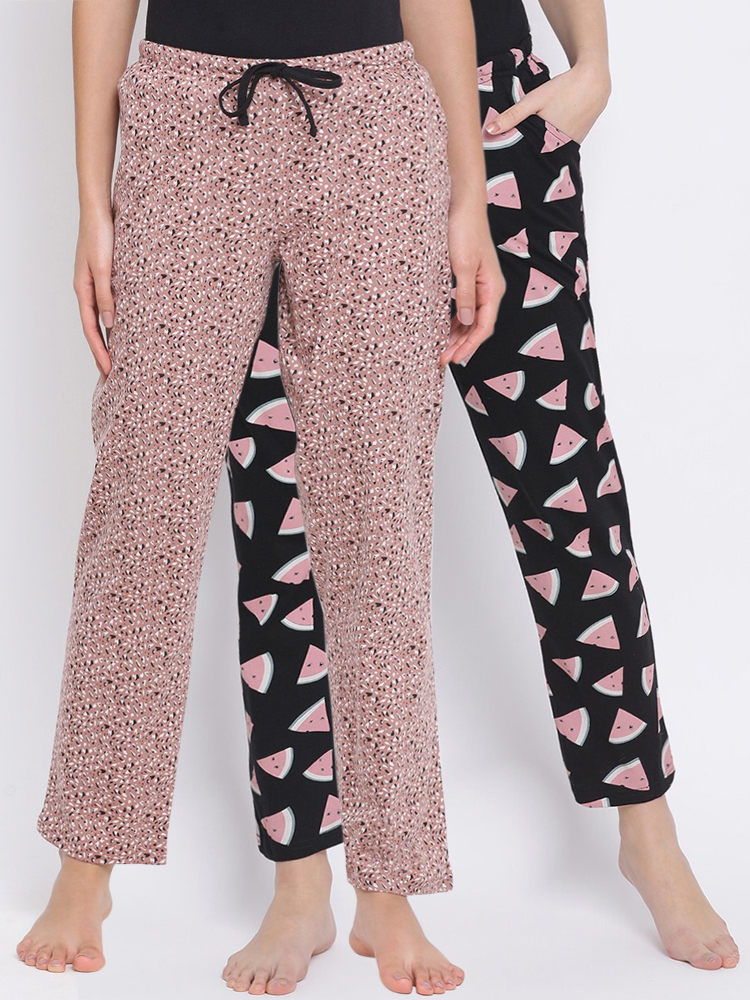 

Kanvin Women Pack of 2 Printed Pure Cotton Lounge Pants, Black