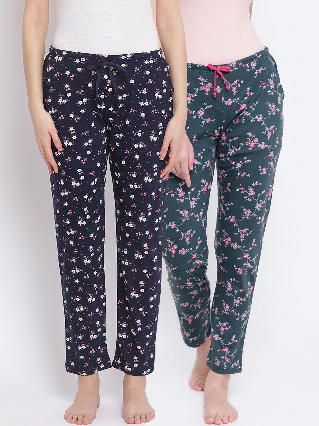 

Kanvin Women Pack of 2 Floral Print Pure Cotton Lounge Pants, Navy blue