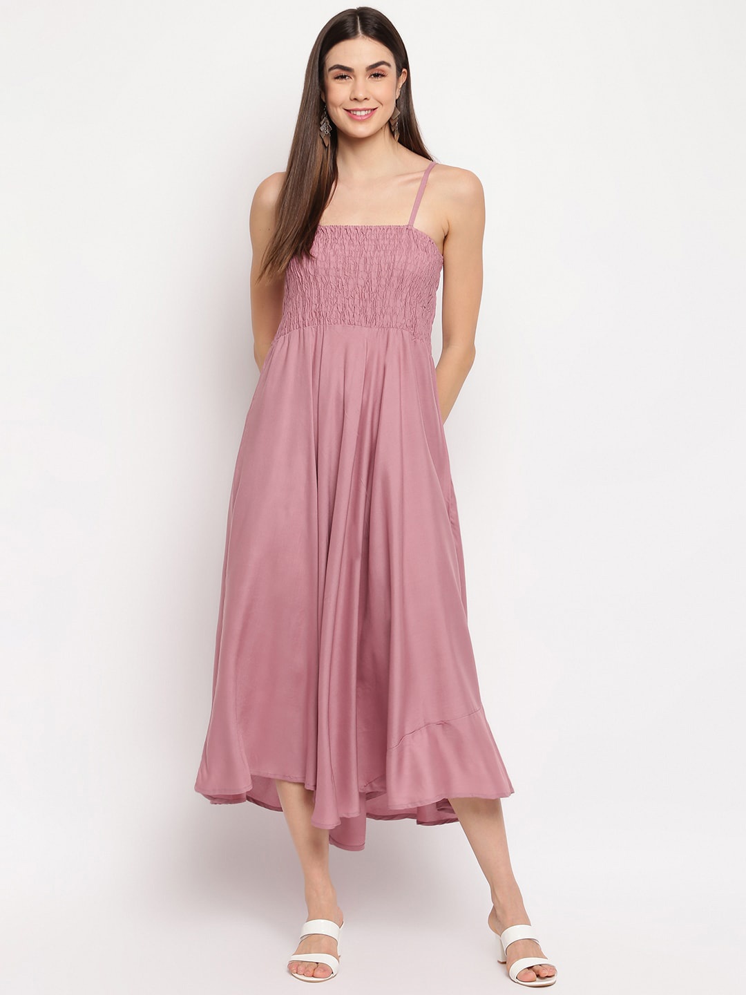 

Aawari Purple Shoulder Straps Smocked Midi Dress, Mauve