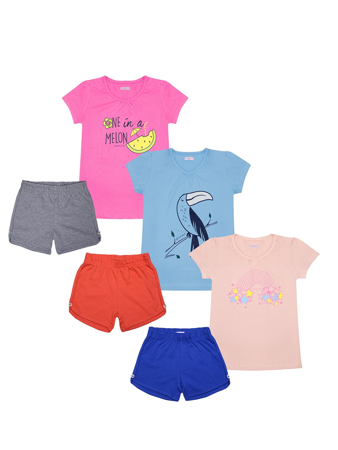 

Luke & Lilly Girls Pack of 3 Printed Half Sleeve Cotton T-shirt and Plain Shorts, Pink