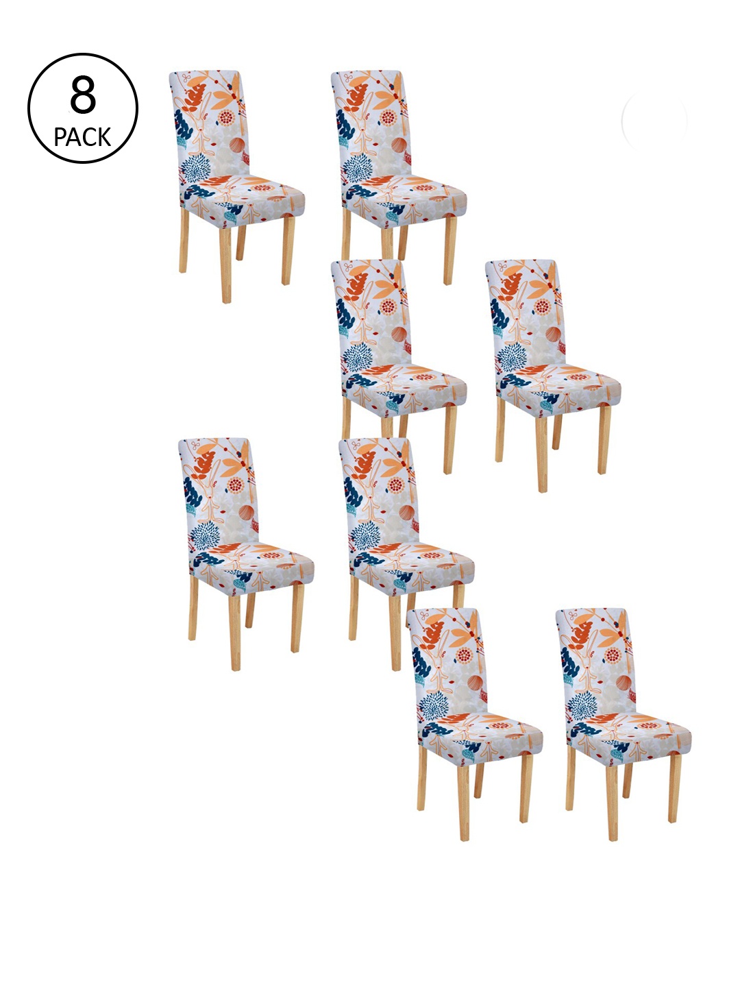 Cortina Set Of 8 White & Blue Printed Chair Covers
