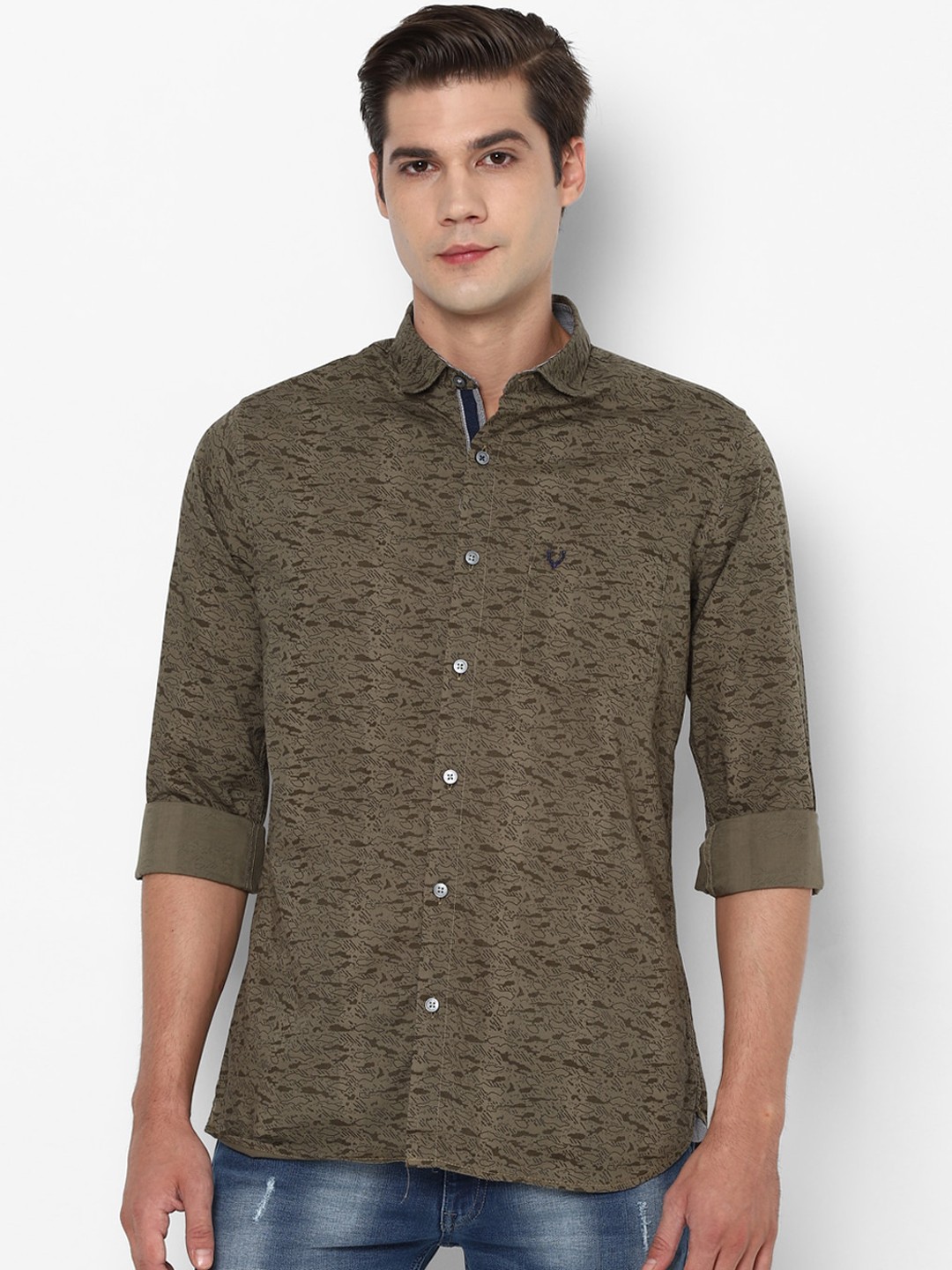 

Allen Solly Men Olive Green Pure Cotton Slim Fit Printed Casual Shirt