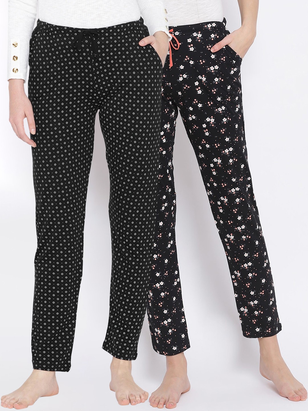 

Kanvin Women Pack of 2 Black & White Printed Pure Cotton Lounge Pants