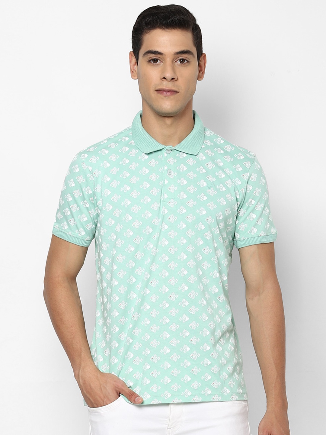 

Allen Solly Sport Men Green Printed Polo Collar Cotton Pure Cotton T-shirt