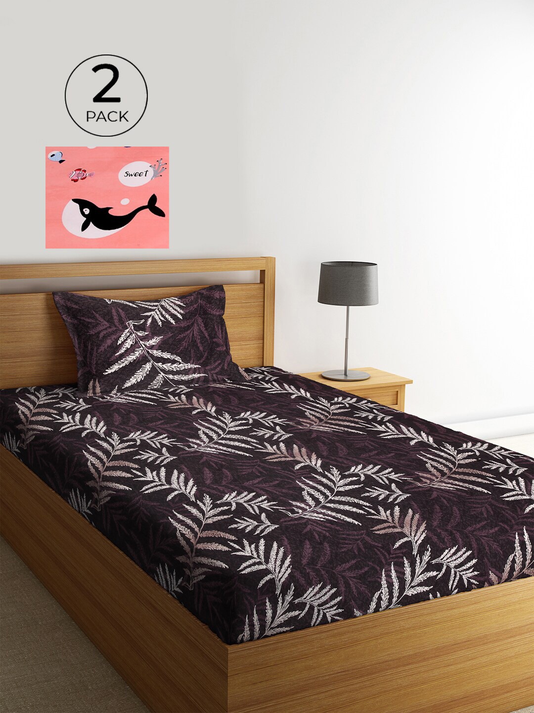 

KLOTTHE Multi Floral 210 TC Cotton 2 Single Bedsheet with 2 Pillow Covers, Purple