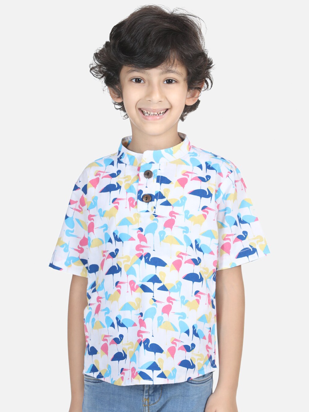 

Cutiekins Boys White Printed Mandarin Collar Cotton T-shirt