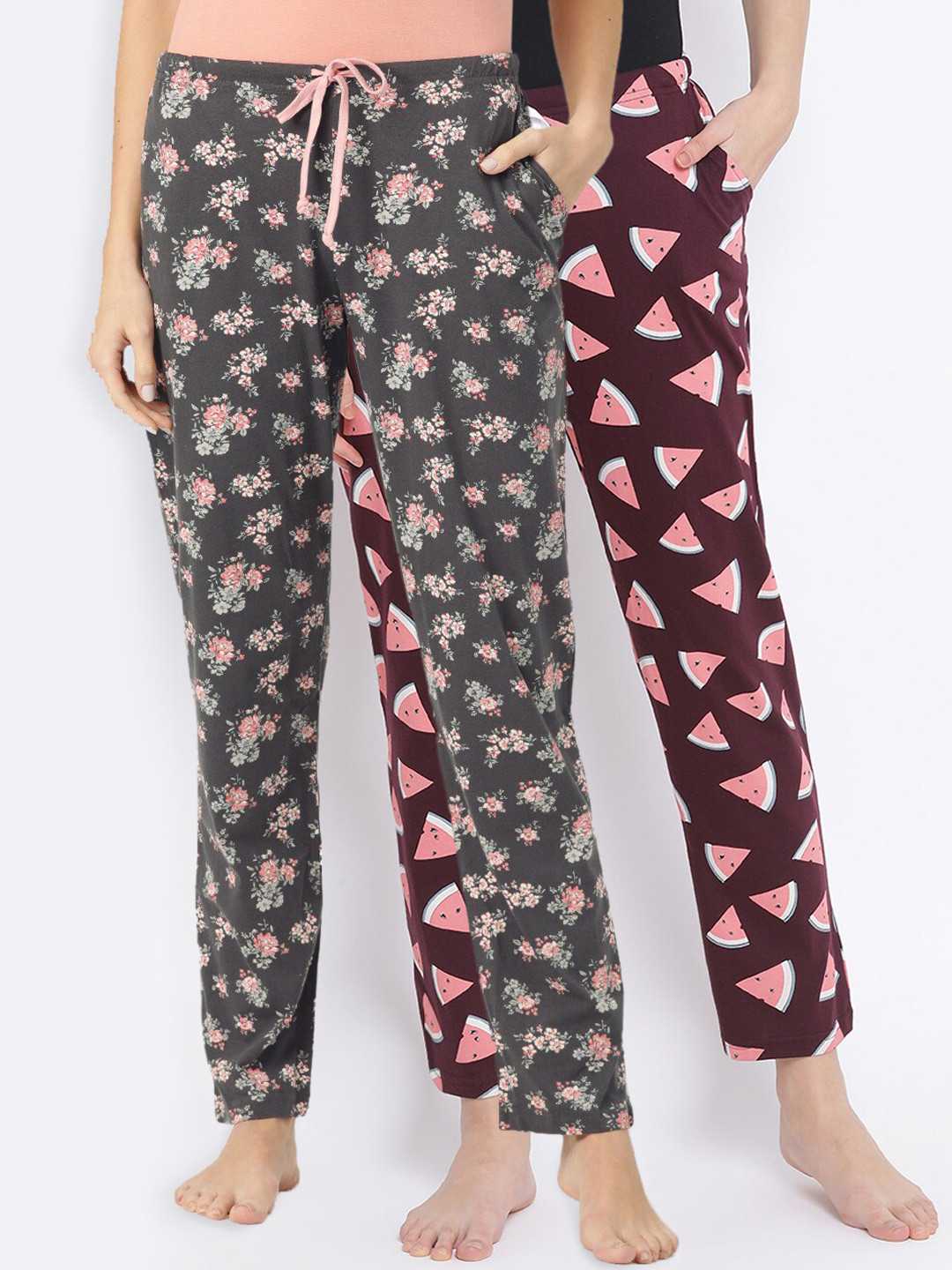 

Kanvin Women Pack of 2 Printed Pure Cotton Lounge Pants, Burgundy