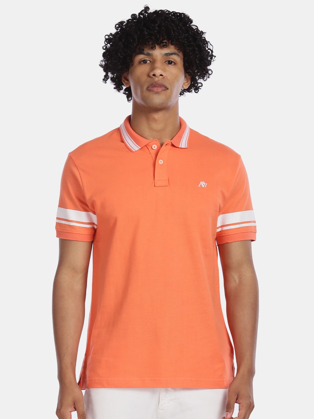 

Aeropostale Men Orange Solid Polo Collar Pure Cotton T-shirt