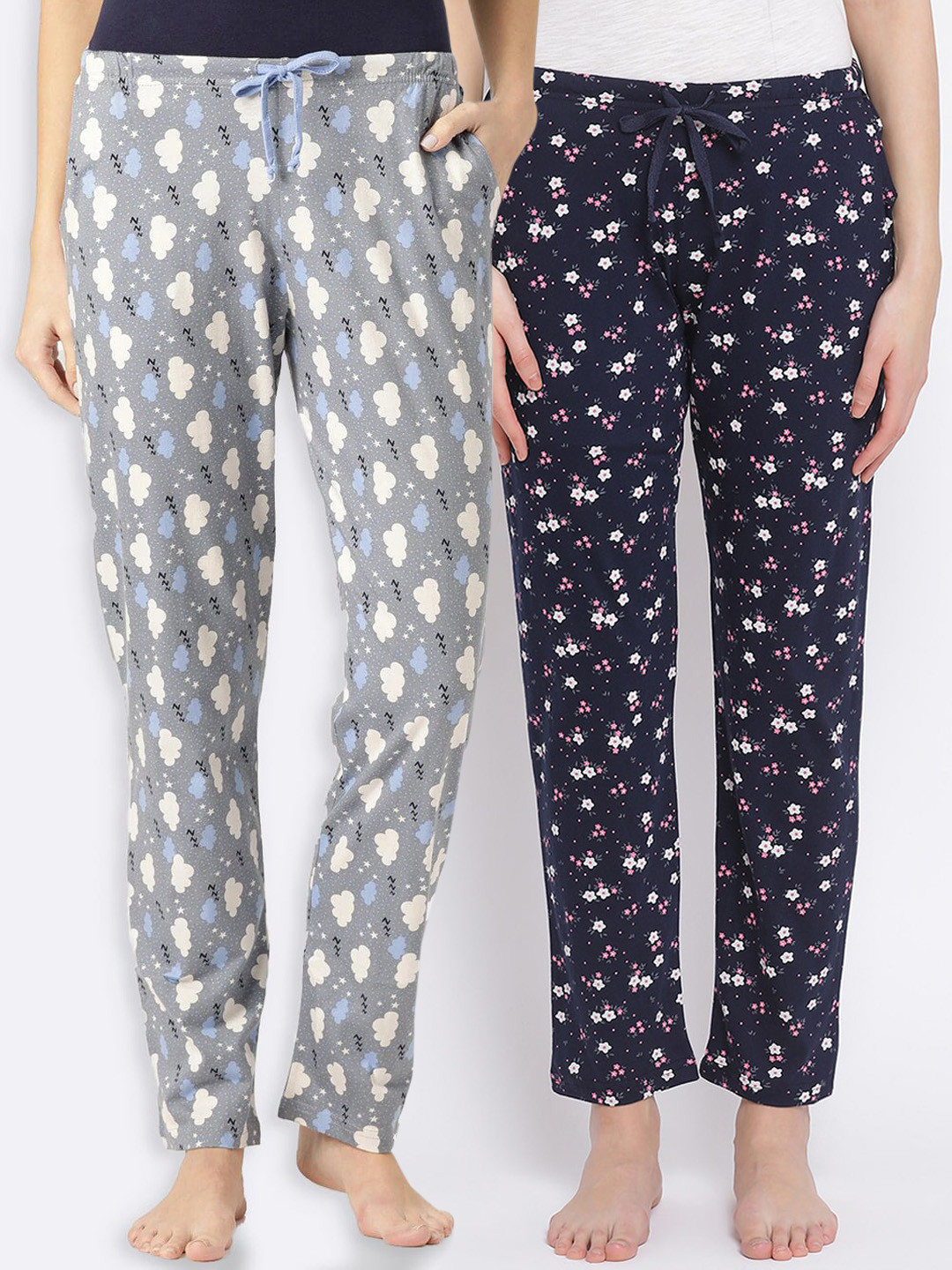 

Kanvin Women Pack of 2 Printed Pure Cotton Lounge Pants, Navy blue