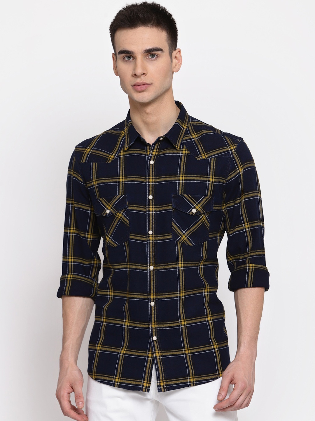 

Pepe Jeans Men Navy Blue & Yellow Regular Fit Checked Cotton Casual Shirt