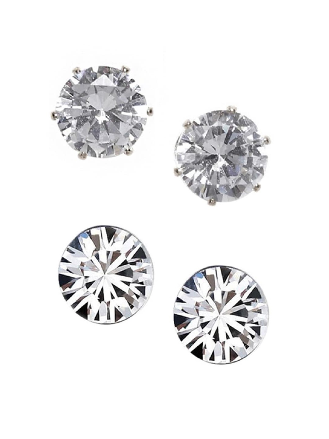 OOMPH Pack Of 2 Silver-Toned Cubic Zirconia Studded Classic Studs