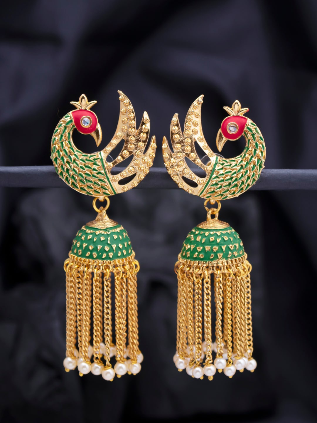 

Sukkhi Gold-Toned & Green Peacock Shaped Jhumkas