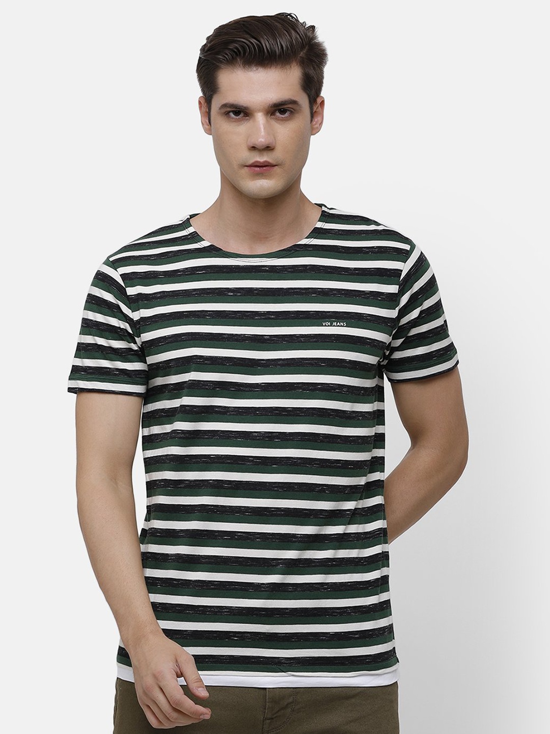 

Voi Jeans Men Green White Striped Round Neck Pure Cotton T-shirt