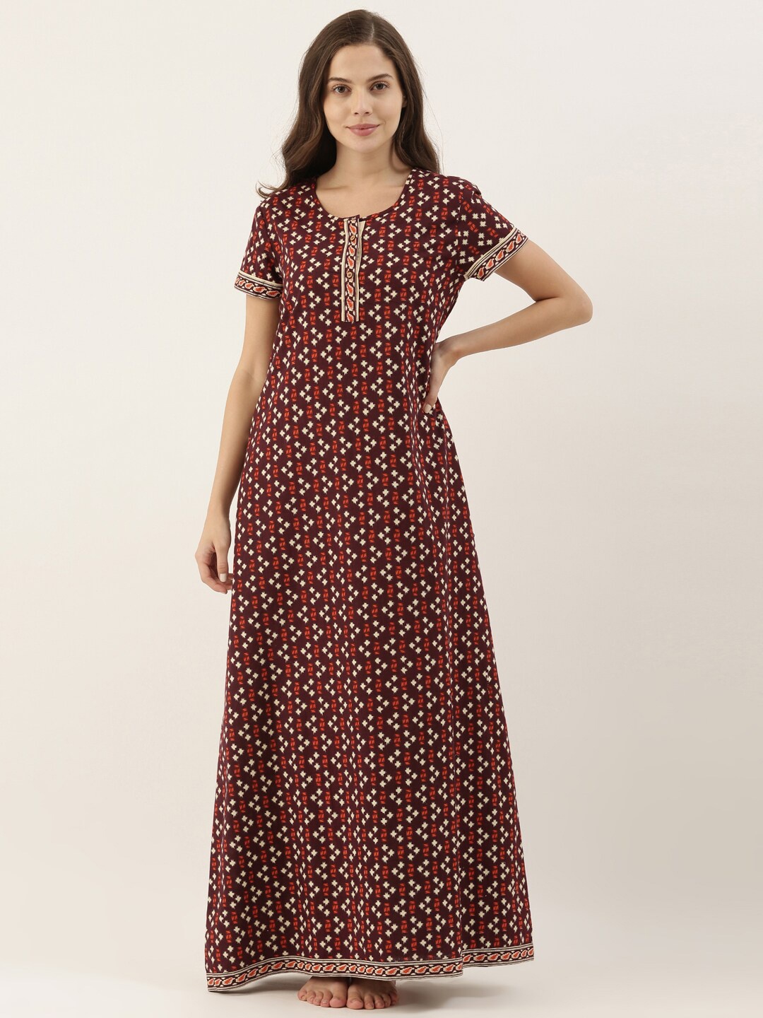 

Bannos Swagger Women Red Printed Maxi Night Dress, Maroon