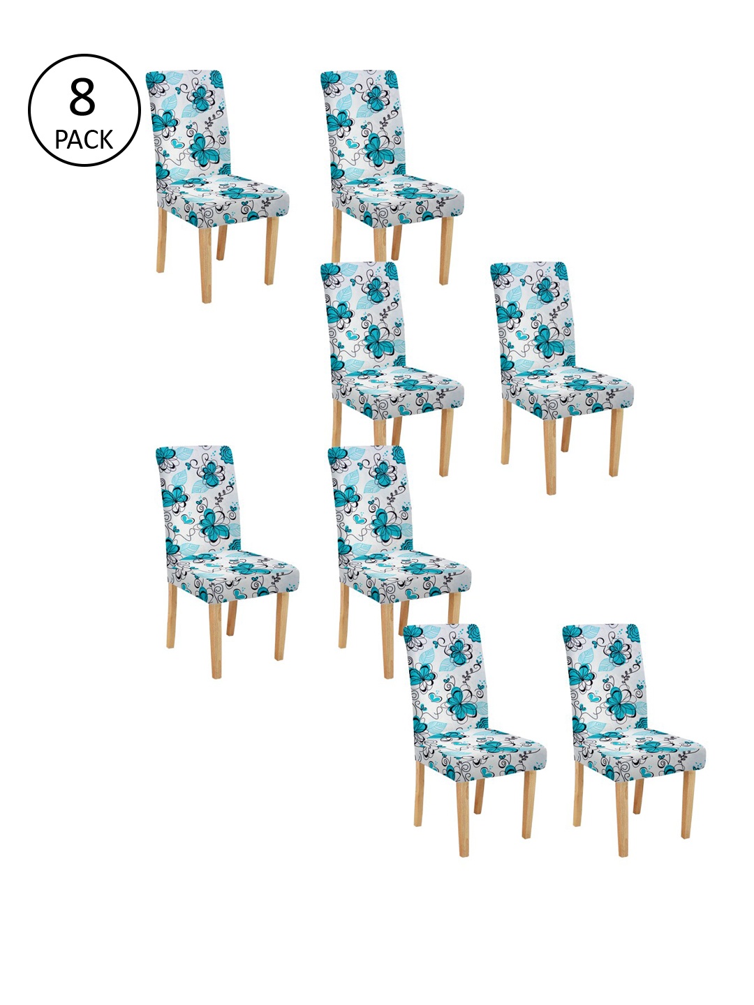 

Cortina Set Of 8 White & Blue Printed Chair Covers