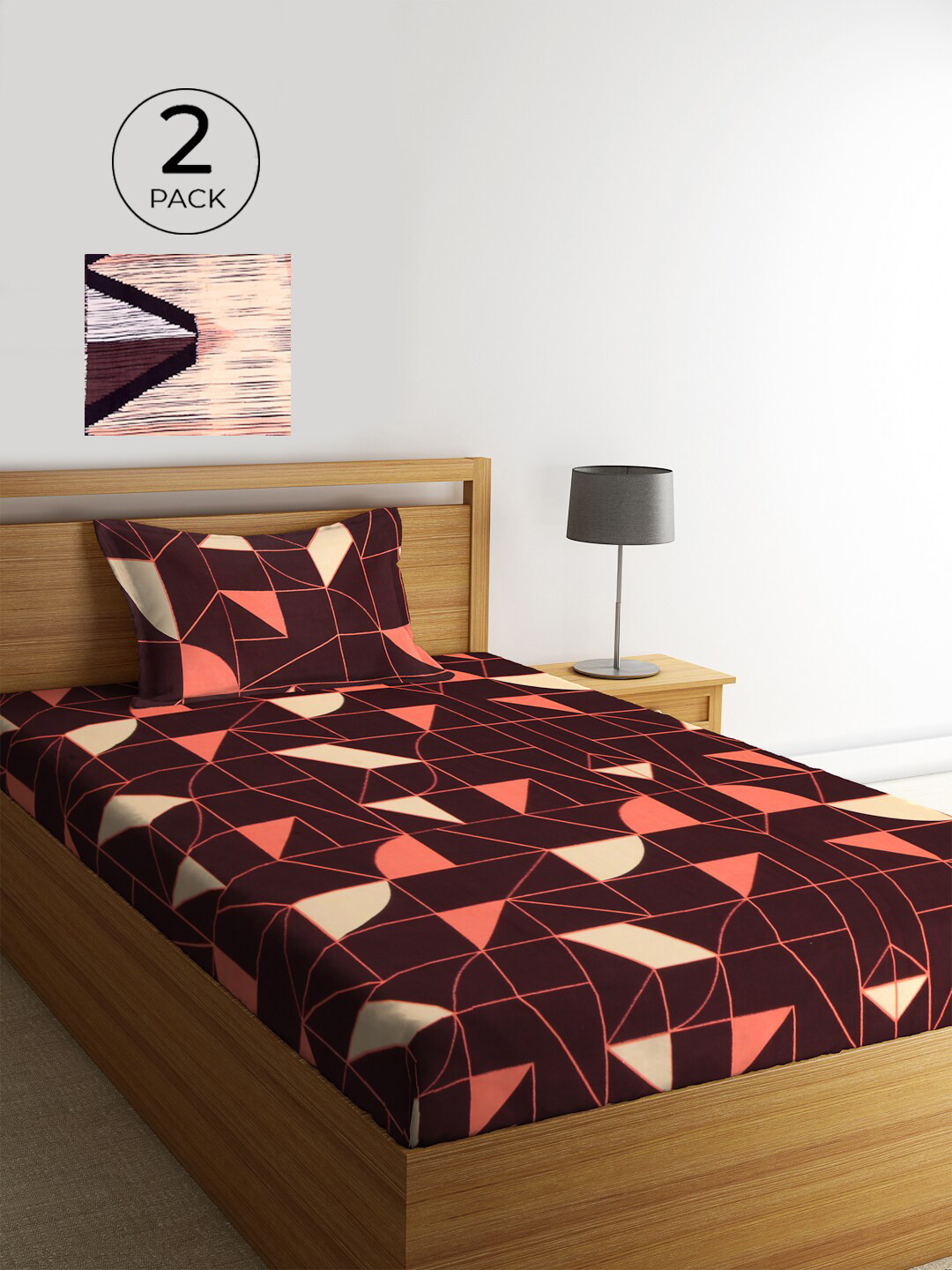 

KLOTTHE Maroon & Peach-Coloured Geometric 210 TC Polycotton 2 Single Bedsheet with 2 Pillow Covers