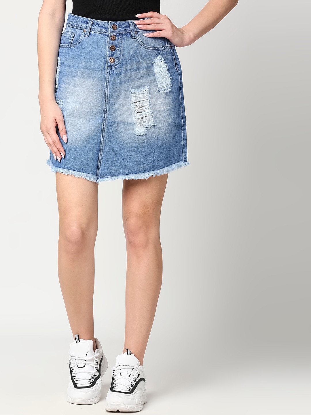 

High Star Women Blue Solid Distressed A-Line Mini Denim Skirt