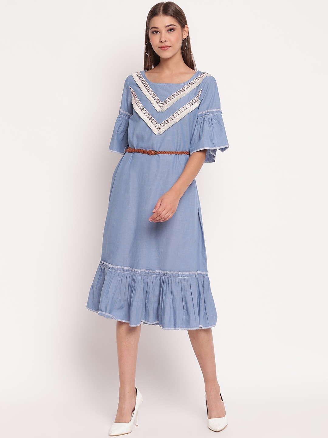 

AKIMIA Blue Solid A-Line Pure Cotton Bell Sleeve Midi Dress