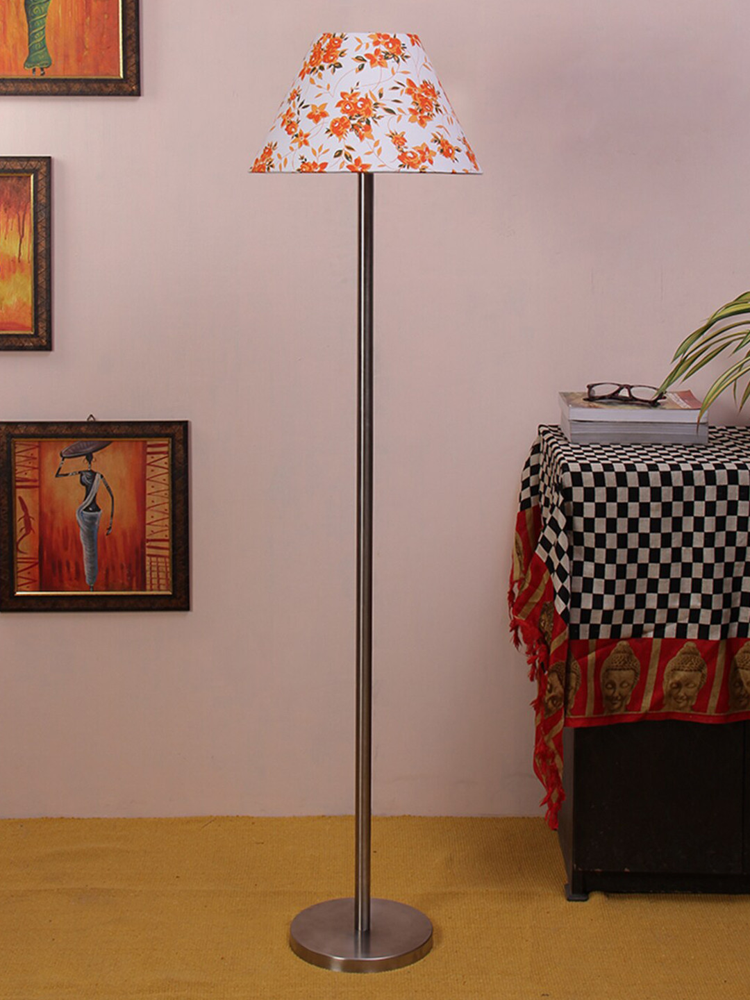

Devansh White & Orange Printed Cotton Conical Designer Steel Club Lamp