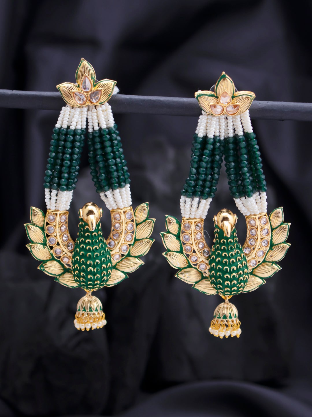 

Sukkhi Gold-Toned & Green Peacock Shaped Drop Earrings