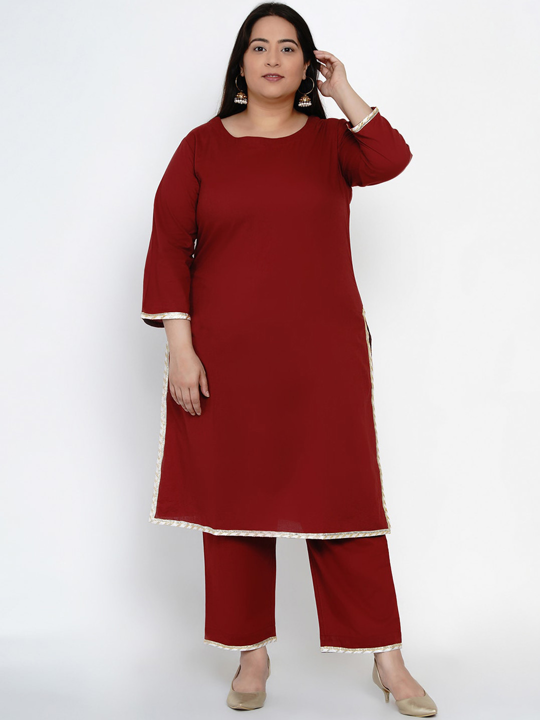 

Fabnest Curve Women Maroon Regular A-Line Gotta Patti Pure Cotton Kurta with Palazzos