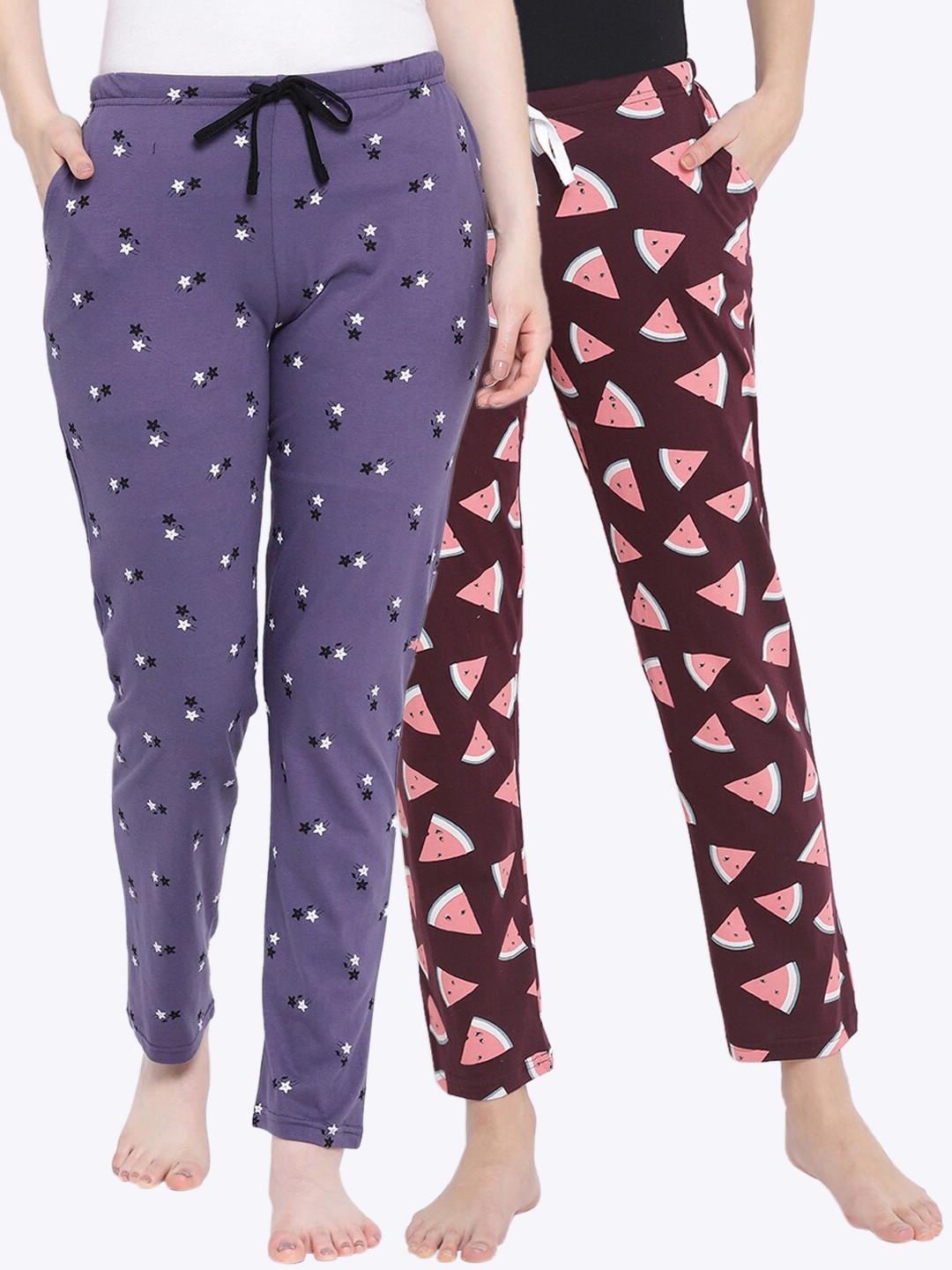 

Kanvin Women Pack Of 2 Printed Pure Cotton Lounge Pants, Brown