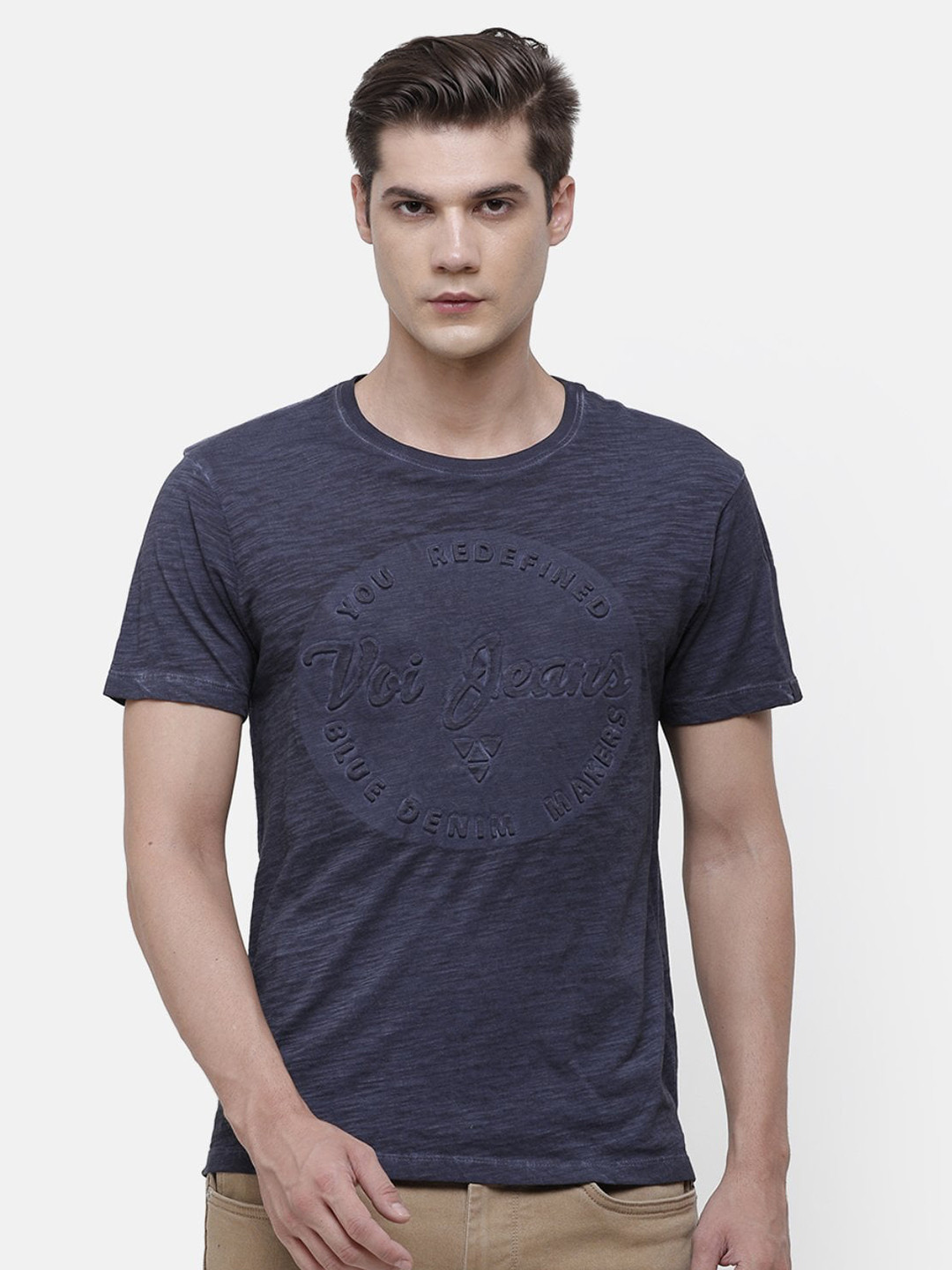 

Voi Jeans Men Navy Blue Printed Round Neck Pure Cotton T-shirt